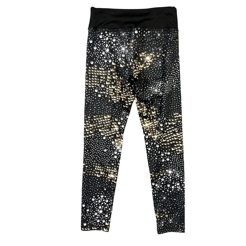 Justice Active Leggings Girls 10 Black Gold‎ Faux Rhinestone Stud Print Pull On